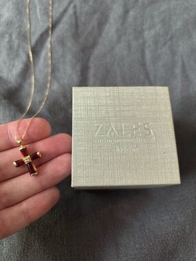 Zales Gold Cross Necklace with Red Garnet Accents